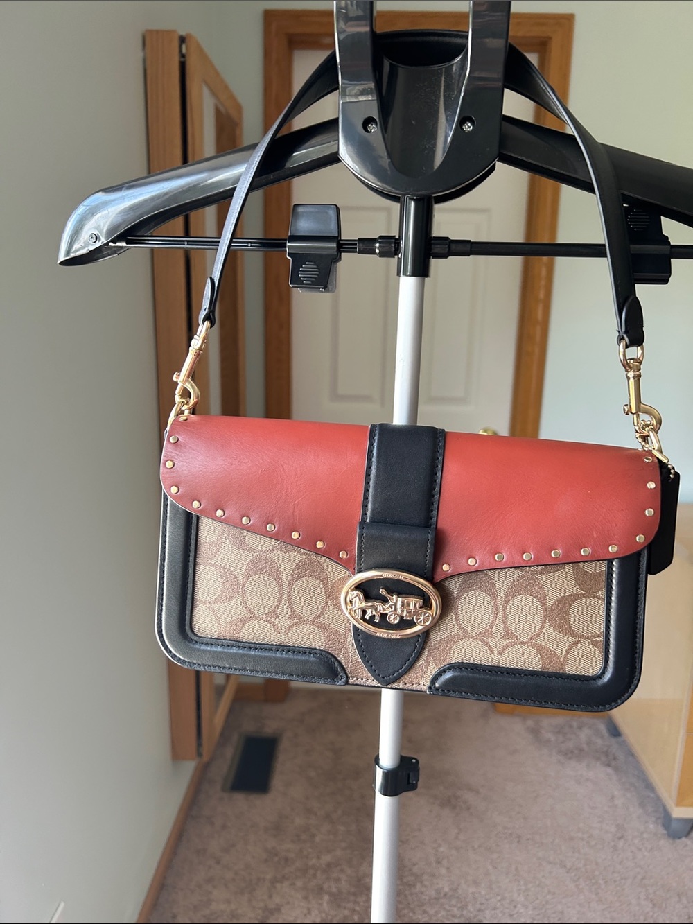 Coach Signature Shoulder Bag with Red Flap and Black Trim